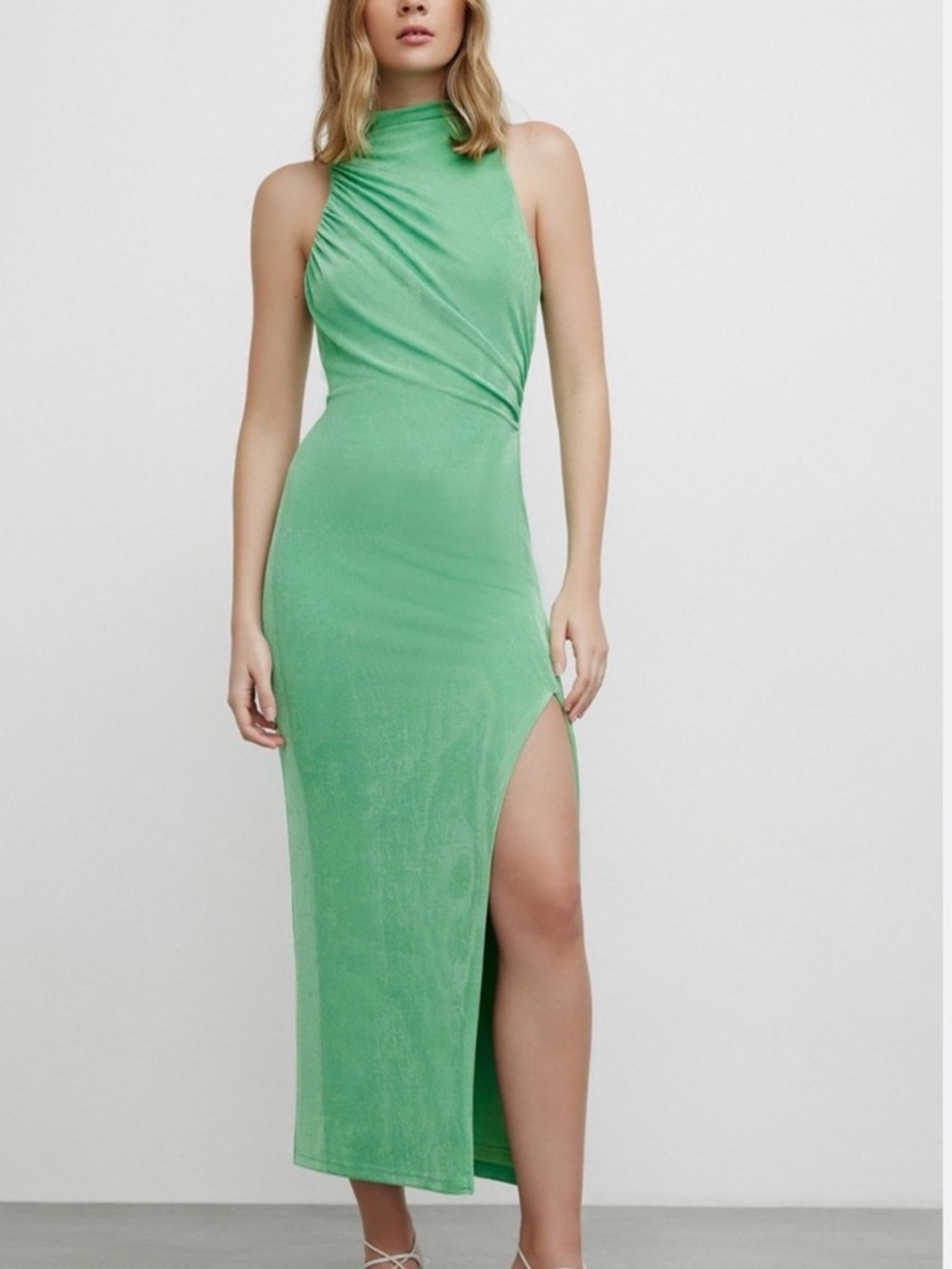 Significant Other High Neck Bodycon Maxi Dress with High Slit in Green Size 4